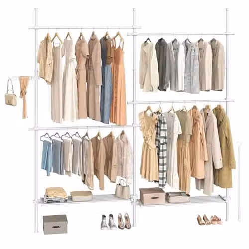 SONGMICS Telescopische kledingstandaard, verstelbare 3-traps garderobe met 4 kledingstangen en 2 afneembare planken, mat wit HSR154W01