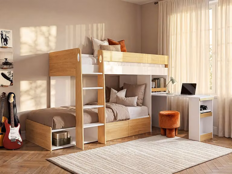 LOMIDEN Stapelbed voor kinderen met bureau, plank en lades - Wit en Houteffect - B/D/H: 190 x 90 x 162 cm