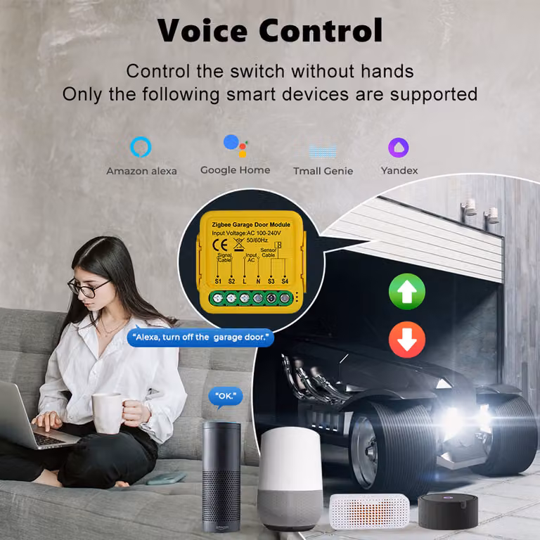 Cocosity Tuya ZigBee poortopener, intelligente module voor garagedeuren met smartphonebediening via de Tuya-app en compatibiliteit met Alexa en Google Home