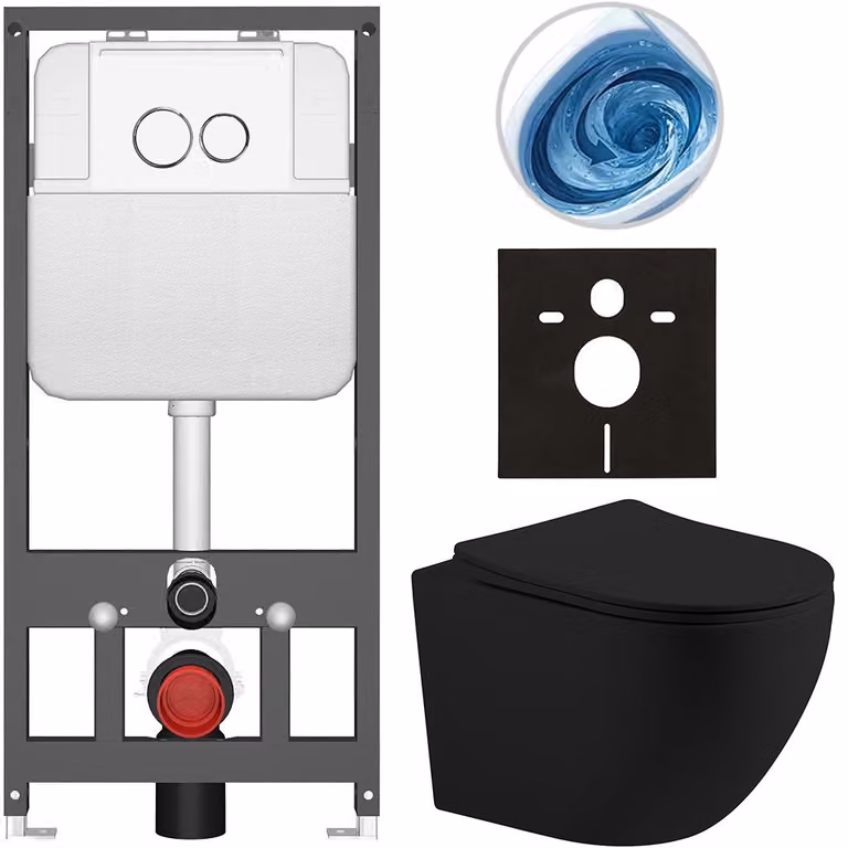 CERANO Toiletset Cesso vloerliggend zwart mat met Prime/Dualo bedieningsknop wit voor wandmontage 49 x 36 cm