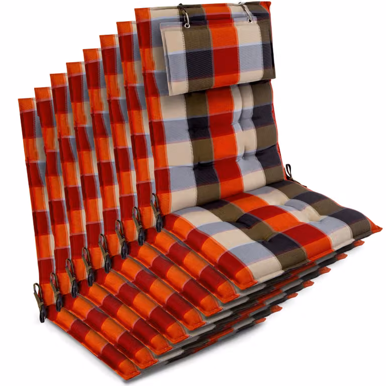 Beautissu 8-delige set zittingkussens Sun-HL met hoge rugleuning, oranje-beige geruit, B: 120 cm, D: 50 cm, H: 8 cm