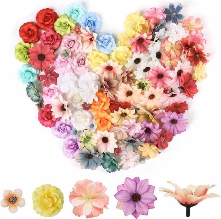 Set van 96 kleurige kunstbloemen met daisies voor haaraccessoires, taartdecoratie en DIY-projecten