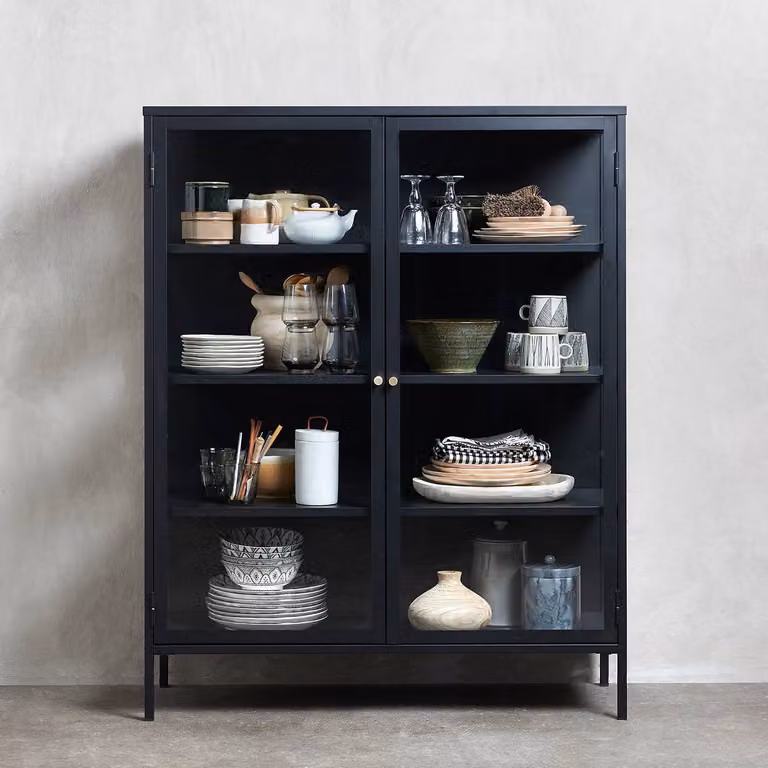 home24 Highboard modern zwart met glazen deuren B/D/H: 140 x 40 x 110 cm