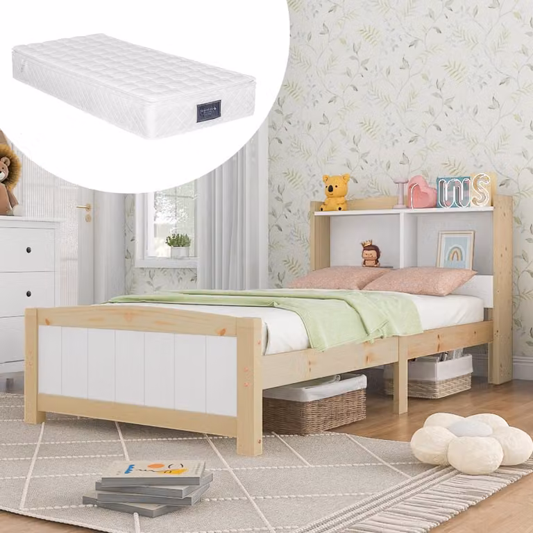 Eenpersoonsbed 90x200 cm - Massief houten kinder- en jeugdbed met opbergbaar hoofdbord en lattenbodem - Grenenhout - Naturel en wit - Inclusief matras
