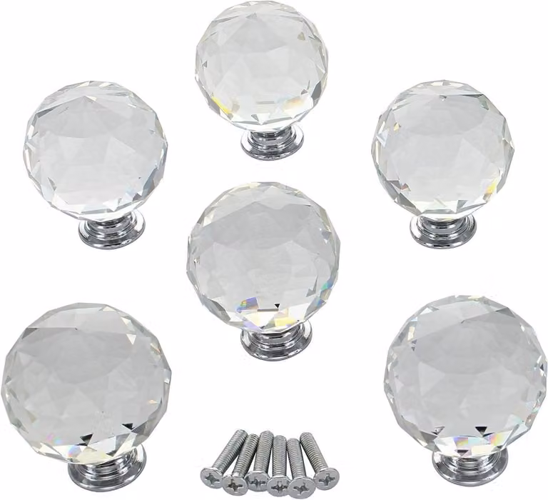 Set van 6 heldere kristallen meubelgrepen met chroom afwerking, 40mm