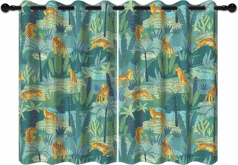 Jungle Safari Blackout Gordijnen voor Kinderkamer en Slaapkamer met Tropische Planten en Luipaard - 2 Panelen