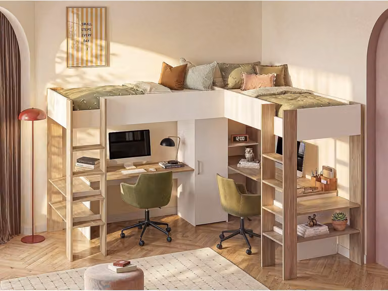 LASCANO Dubbele hoekhoogslaper met bureaus en opbergruimte, Wit en naturel, 2 x 90 x 200 cm