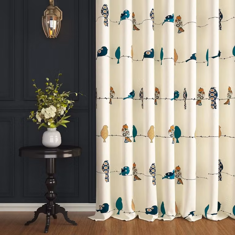 Mosterdgele katoenen deurgordijnen met boheemse vogelprint, Breedte: 118 cm, Hoogte: 275 cm