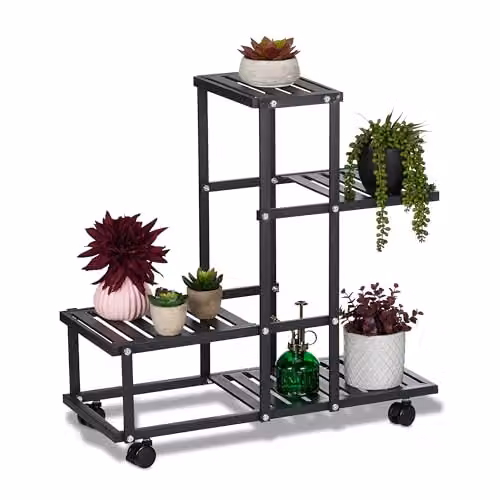 Relaxdays plantenrek met wielen zwart metaal H x B x D: 60,5 x 61,5 x 26 cm