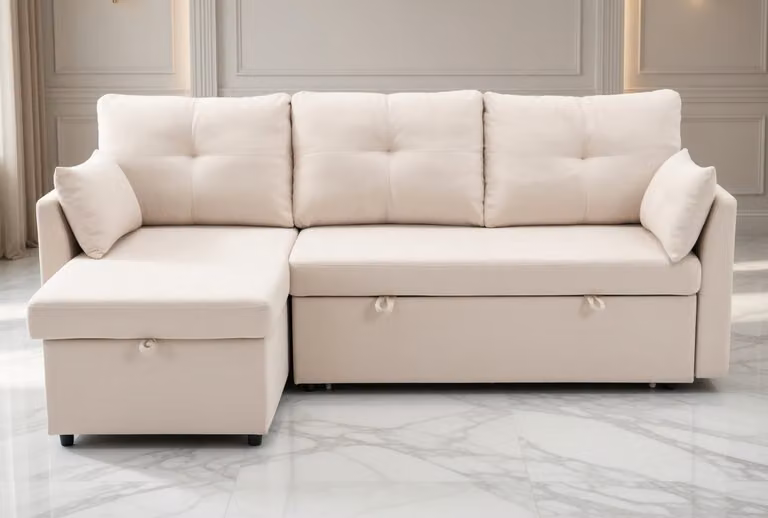House&Garden L-vormige modulaire fluwelen bank met slaapfunctie en opbergruimte – Moderne 3-zits sofa met reversibele chaise lounge