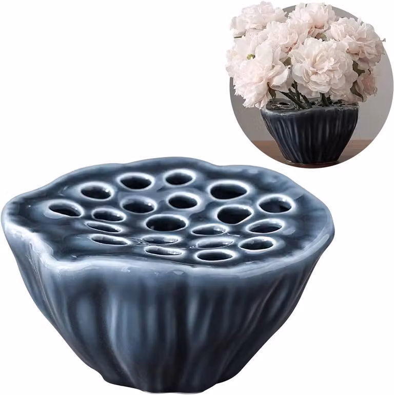 Vemera Bloemvaas met lotuswortel ontwerp - Keramisch - Zwart - Decoratieve tafelhouder