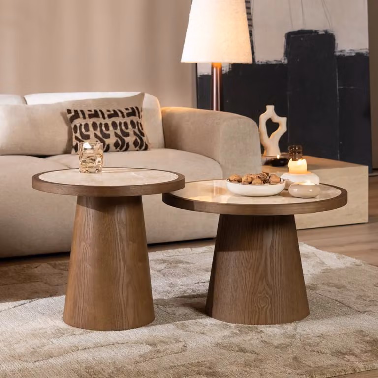 Bronx71 Set van 2 ronde salontafels met travertin en rustiek eiken, beige/bruin, Ø50 cm en Ø62 cm