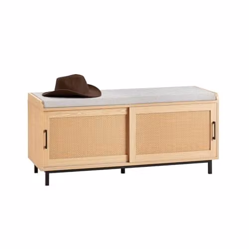SoBuy Schoenbank met Zitkussen en 2 Schuifdeuren, Houten Look Opbergbank voor de Gang, B/D/H: 110 x 40 x 49 cm