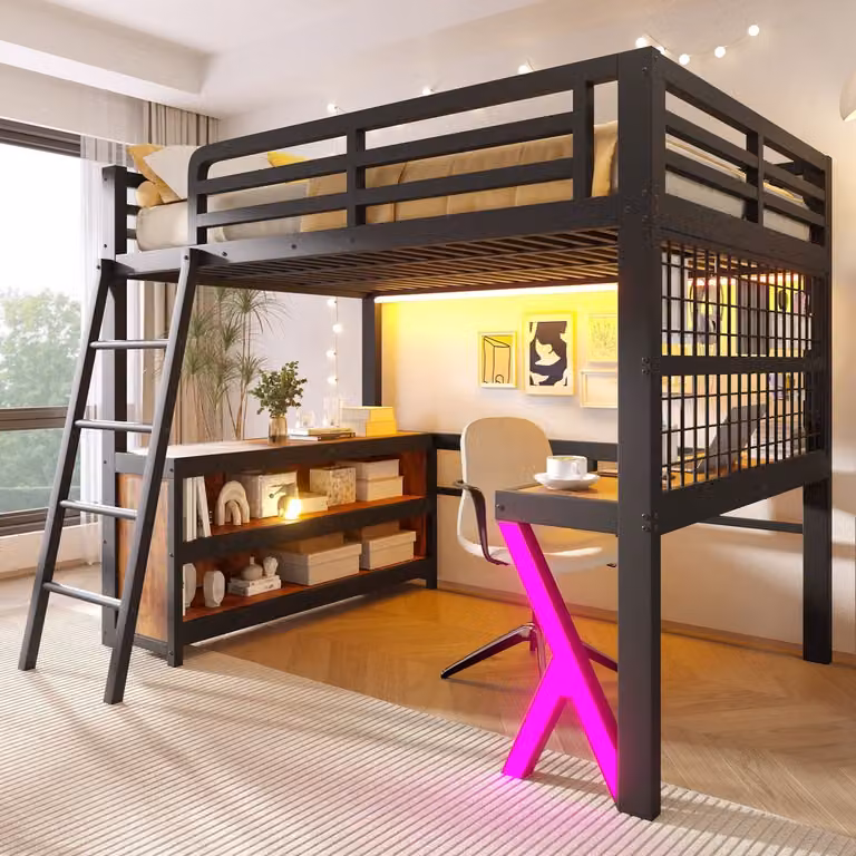 Zwart metalen kinderhoogslaper met tafel, opbergkast en LED-lichtstrip, B/D: 140 x 200 cm