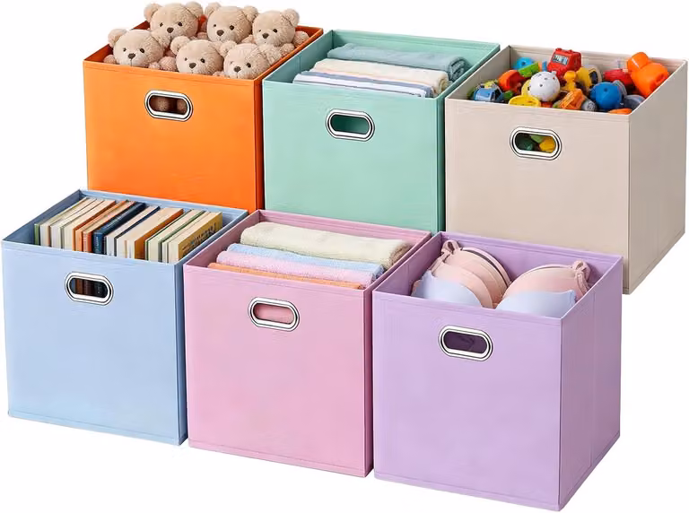 SnelShoppen 6-delige set opvouwbare stoffen opbergdozen met metalen handgrepen voor kinderkamers, B/D/H: 30 x 30 x 30 cm