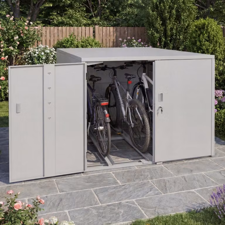 Mendler Fietsenstallingsgarage voor 3 fietsen, model HWC-P93, afsluitbare fietsenbox van verzinkt staal, lichtgrijs, B: 124 cm, D: 148 cm, H: 208 cm
