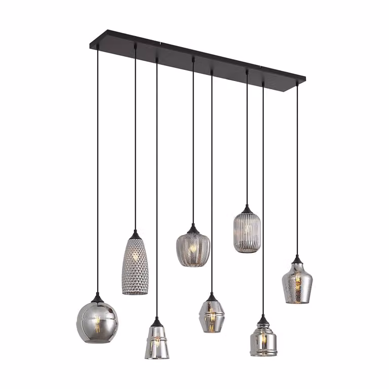 Qazqa Art Deco hanglamp zwart met grijs glas, 8-lichts