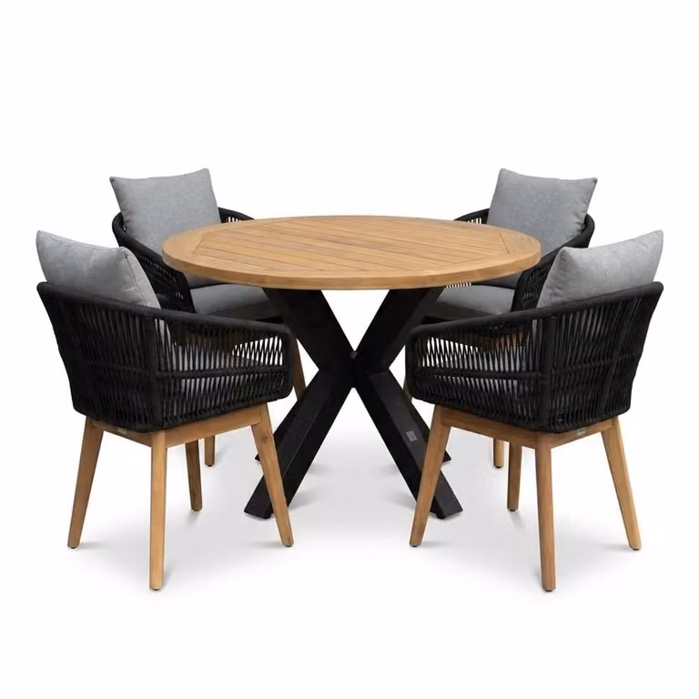 LUX outdoor living Cleve/Bella dining tuinset voor 4 personen in zwart teakhout en touw, ronde tafel diameter: 120 cm