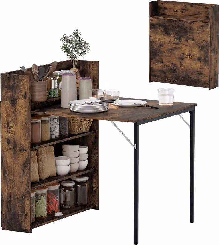 HOMCOM Inklapbare Eettafel met plank en vlinderblad, rustiek bruin, B: 80 cm, D: 90 cm, H: 93 cm