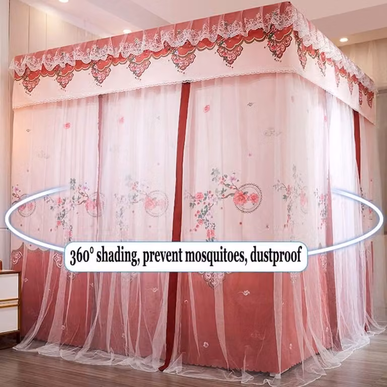 Set van 2 roze bedgordijnen met klamboe voor hemelbedden, gemaakt van ademend microvezel, 180 x 200 cm