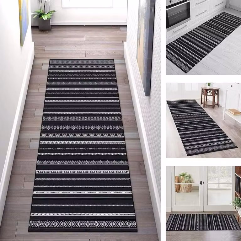 Wasbaar en antislip vloerkleed runner voor keuken of hal, zwart wit, B/D: 80 x 300 cm