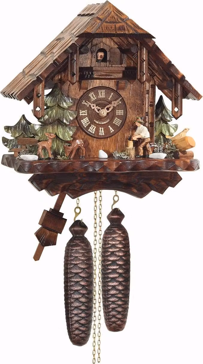 Engstler Kuckucksuhr 427/8 met 8-daagse kettingwerk in walnoot, Hoogte: 30 cm