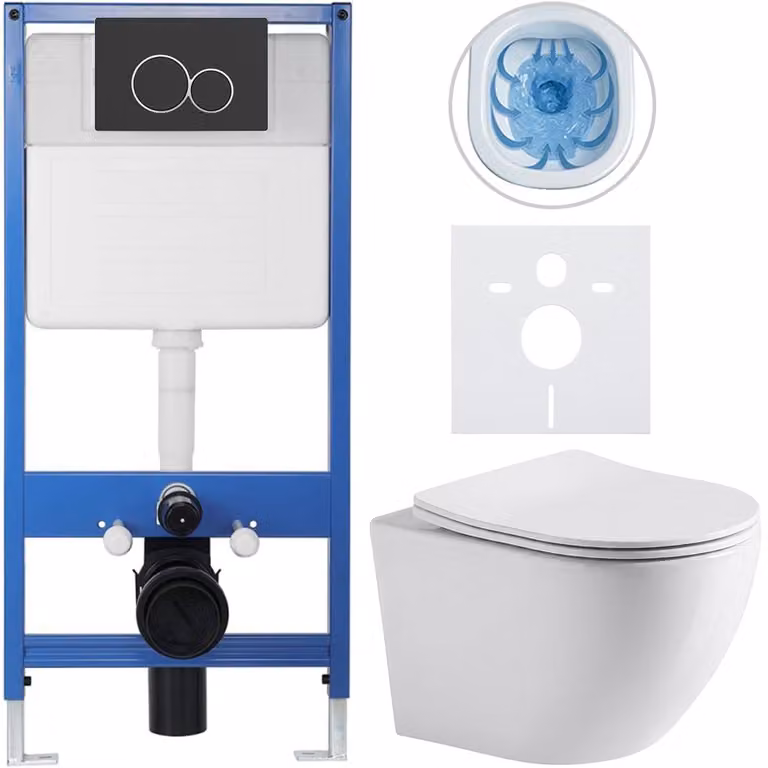 CERANO Complete inbouwtoiletset Lite/Verde - Wit glanzend met mat zwarte Duo toiletknop - Voor wandmontage - 49 x 36 cm
