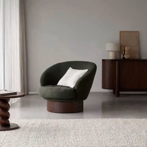 Tikamoon Ines Draaibare fauteuil met mindi hout en groene boucle stof - B: 82 cm, D: 91 cm, H: 91 cm