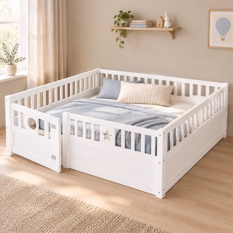 WUVRIE Kinderbed met veiligheidshekken, vergrendelbare deur en ster-maanmotief, wit, B/D/H: 140 x 190 cm