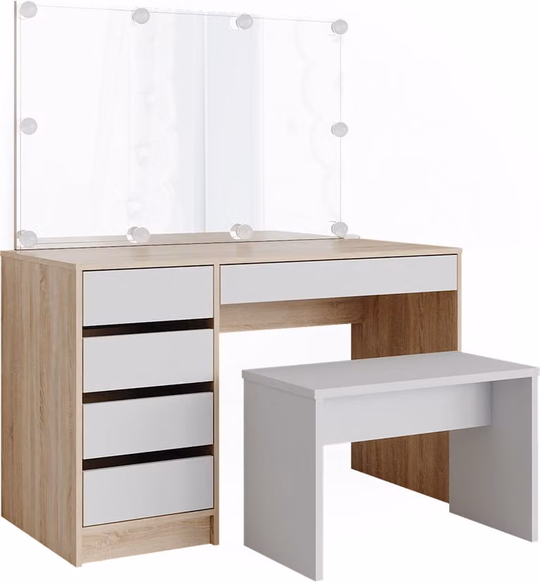 Vicco Kaptafel set met spiegel, LED-lichtslinger en kruk, Sherry Wit/Sonoma, Breedte: 120 cm