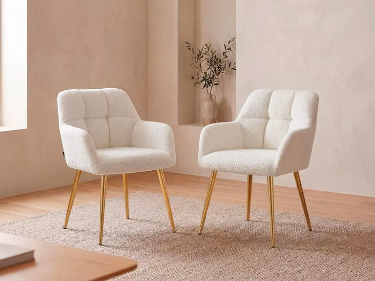 Set van 2 stoelen met armleuningen van wit boucléstof en goudkleurig metaal - PEGA