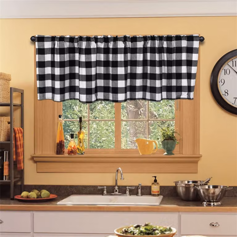 Set van 2 zwart-witte geruite gordijnpanelen in landelijke stijl voor woonkamer of slaapkamer, B: 40 cm, H: 142 cm
