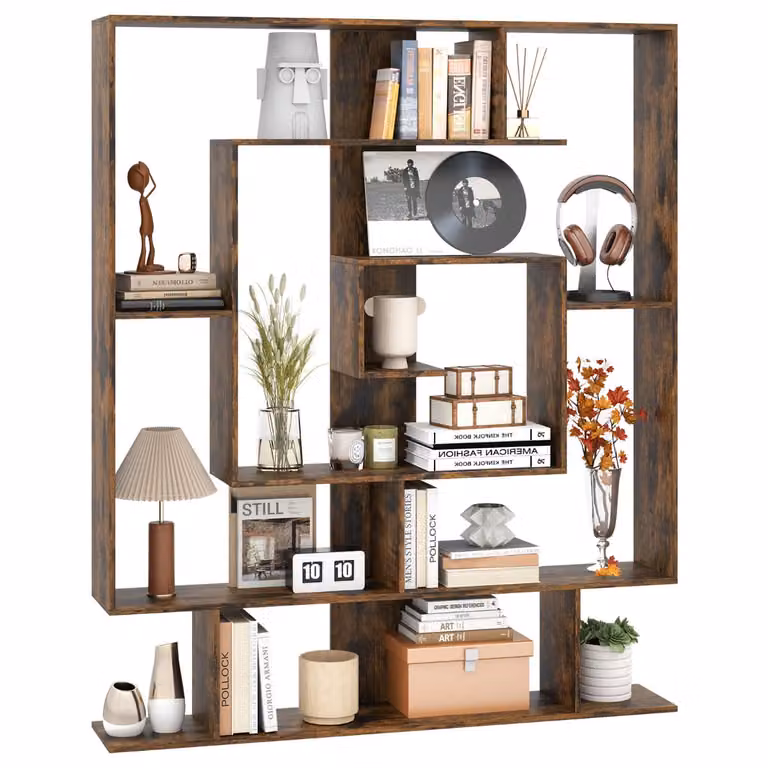 Costway Boekenkast met 7 Niveaus en Geometrisch Ontwerp, Bruin