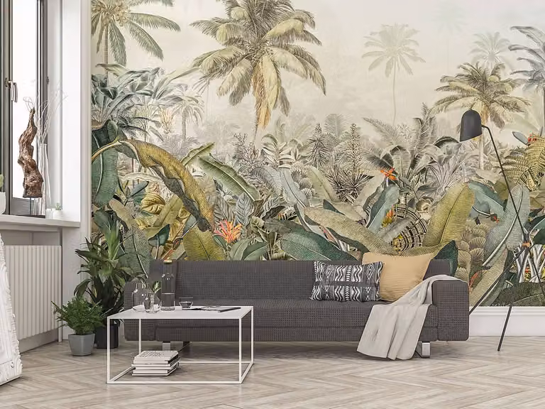 home24 Vliesbehang Amazonia Tropical Floral Multicolour Groen Breedte: 368 cm, Hoogte: 248 cm