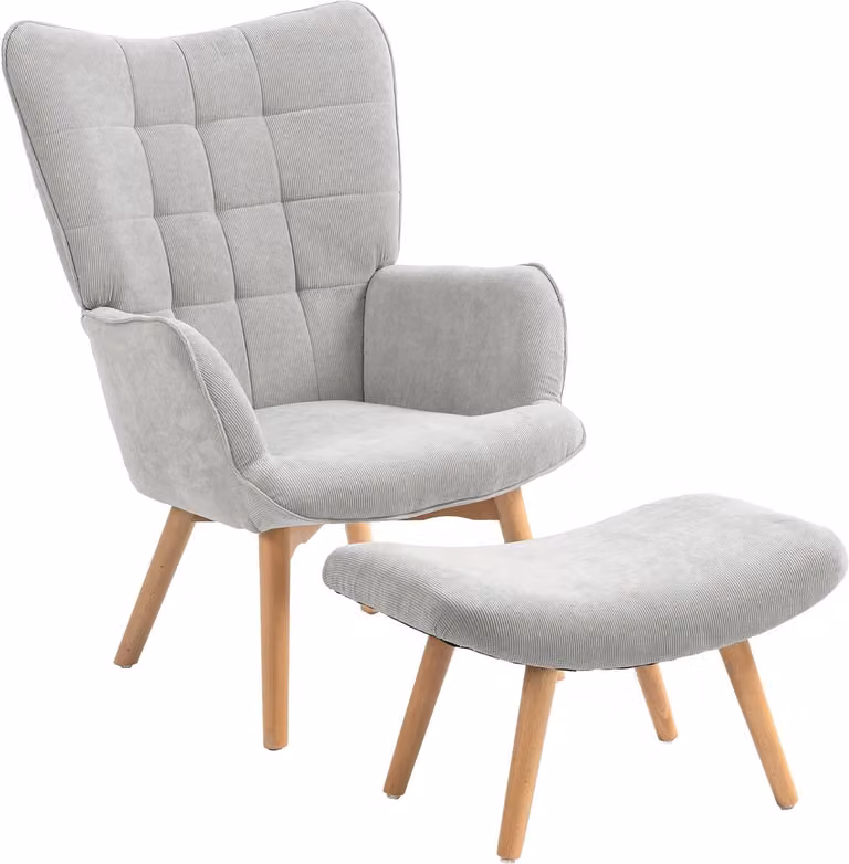 Merax Relaxstoel met Hocker – Gestoffeerde Loungestoel van Fluwelen Stof met Houten Poten – Comfortabele Oorfauteuil in Grijs