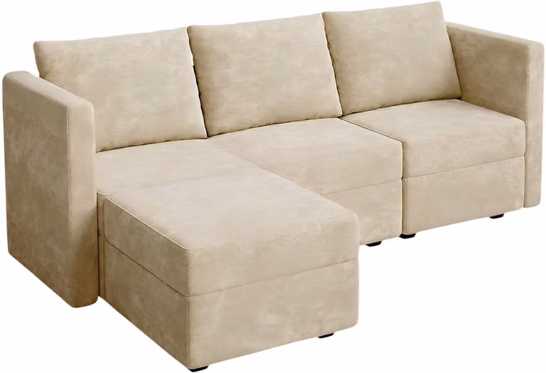 Modulaire L-vormige Hoekbank met Slaapfunctie en Cupholders, 3-Zits Bank met Hocker en Opbergruimte, Beige Velours