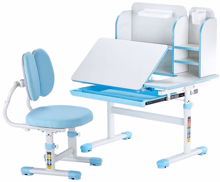 Blauw Kinderbureau met stoel - In hoogte verstelbare studeeset voor kinderen - B: 80 cm, D: 60 cm