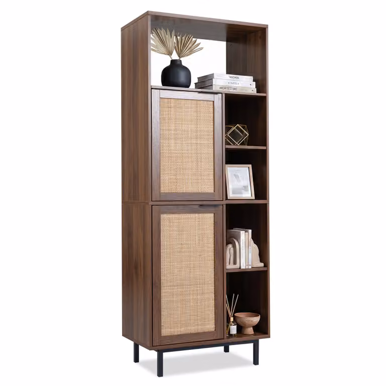 Costway Dressoir met 2 Rattan Deuren en 5 Open Vakken Bruin Boho Stijl