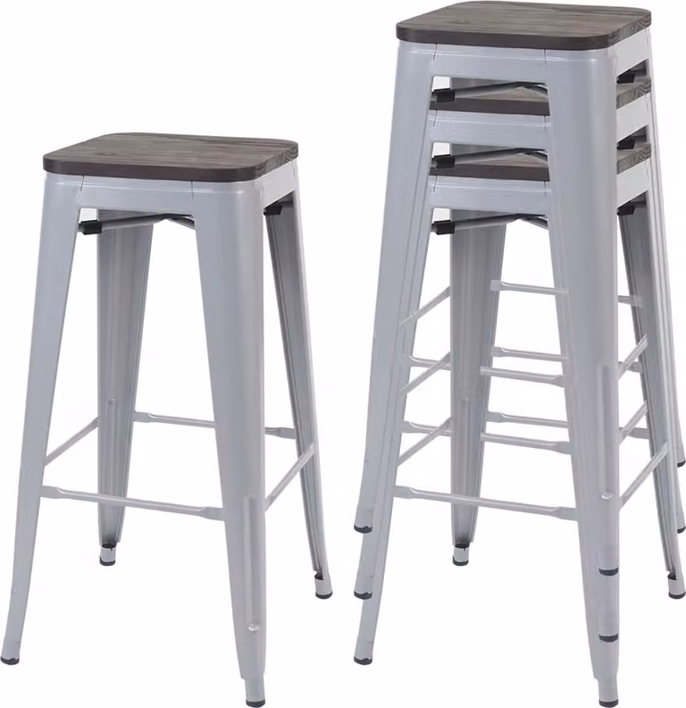 Set van 4 MCW barkrukken MCW-A73 met houten zitting, industrieel metaal ontwerp, grijs