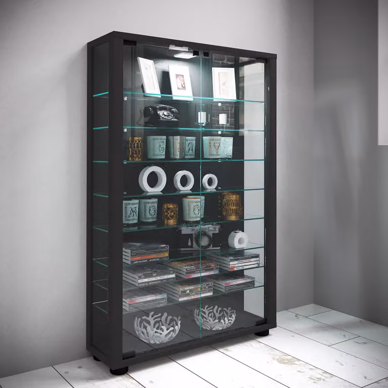 VCM Lumo Mini houten vitrinekast met glazen deuren, zwart
