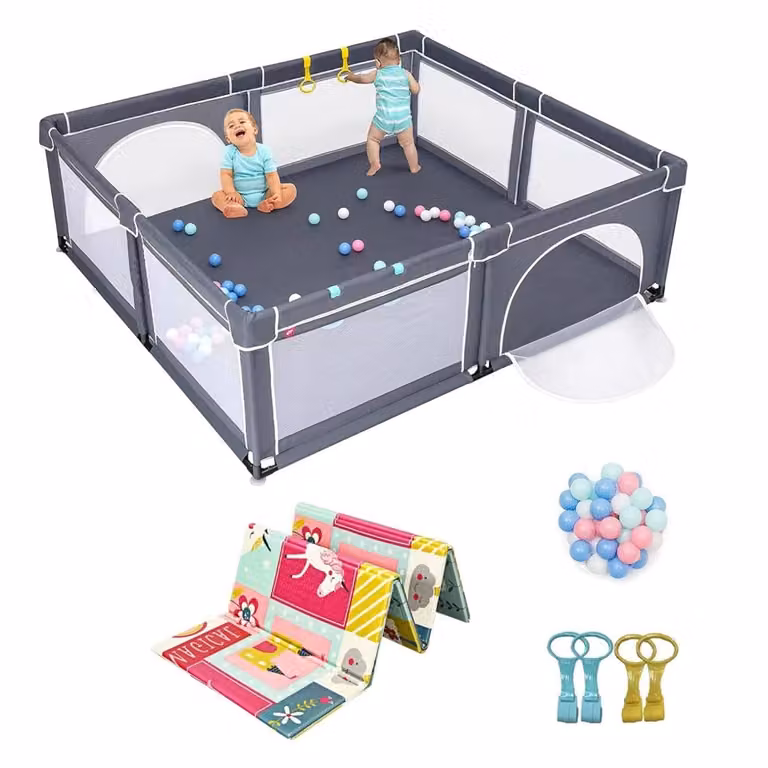 Costway Baby Speelbox met Opvouwbare Speelmat Donkergrijs en Roze, B/D/H: 206 x 185,5 x 68 cm