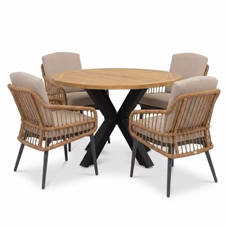 LUX outdoor living Cleve dining tuinset voor 4 personen in antraciet en Alicante zand, teakhout en wicker, ronde tafel diameter: 120 cm