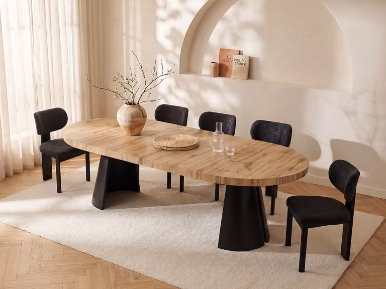 JARELIA Uitschuifbare ovale eettafel voor 8+ personen, beige MDF en metaal, B/D/H: 220 x 100 x 72 cm