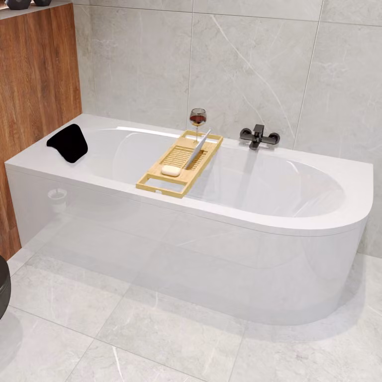 Badland Avita 5-in-1 Hoekbad Set - Links - Inclusief Afvoer, Poten, Acryl Spatplaat, Bamboe Plank en Zwart Hoofdkussen - B/D: 160 x 75 cm