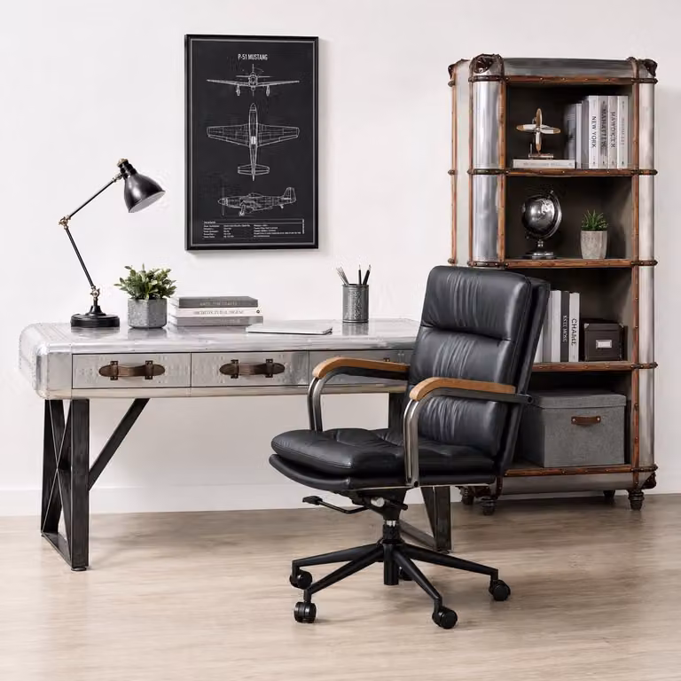 Executive ergonomische lederen bureaustoel met eiken armleuningen en wielen