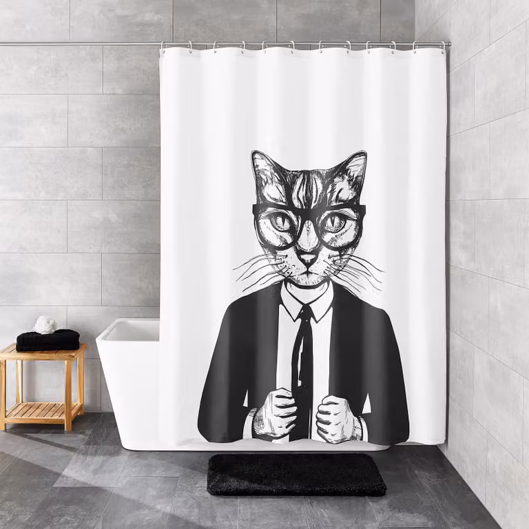 home24 Douchegordijn TXT Kalli wit/zwart polyester B: 180 cm, H: 200 cm