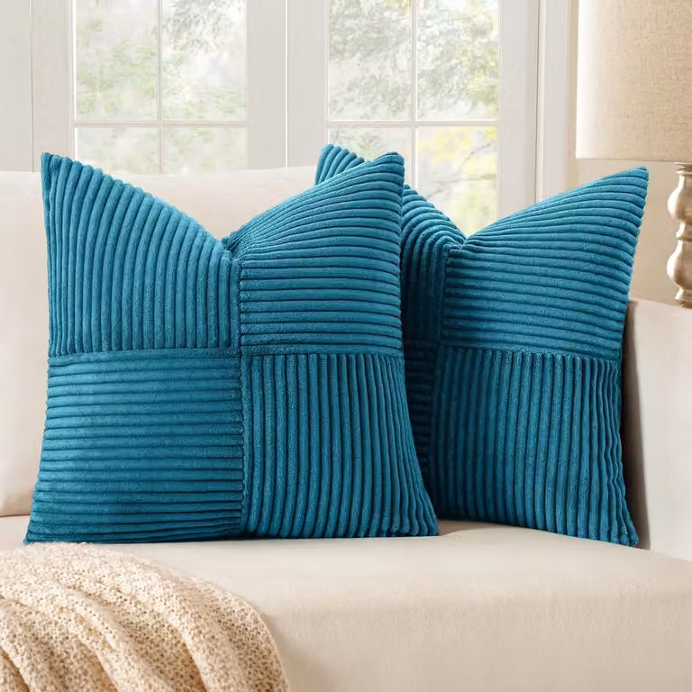 Set van 2 Corduroy Kussenhoezen in Zee Blauw, Decoratieve Boho Kussens voor Bank en Interieur, 40 x 40 cm