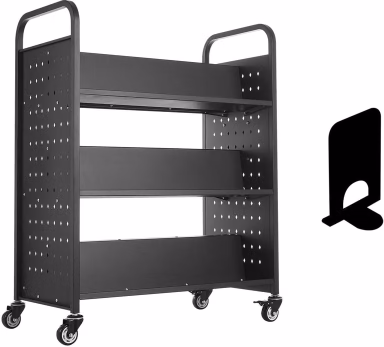 Zwarte boekenwagen en bibliotheekwagen met rugpaneel, draagvermogen 150 kg, B: 97 cm, D: 51,5 cm, H: 122,5 cm