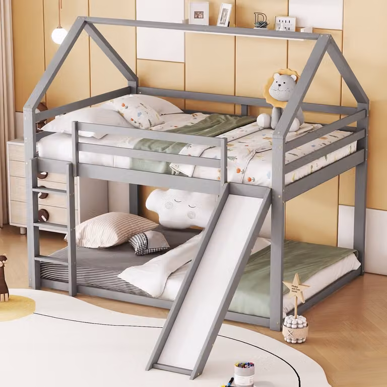 OKWISH Huis Etagenbed met Glijbaan en Wisselbare Trappositie, Grijs, 140 x 200 cm