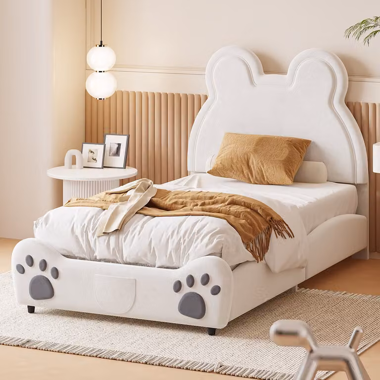 MODENUIT Kinderbed Berenvorm - Gestoffeerd Eenpersoonsbed met Lattenbodem - Wit - 90 x 200 cm